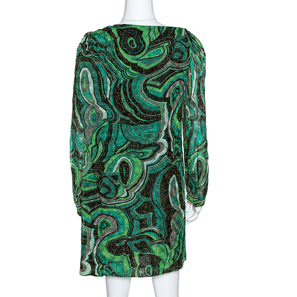 Missoni Green Lurex Jacquard Knit Brooch Detail Draped Dress L