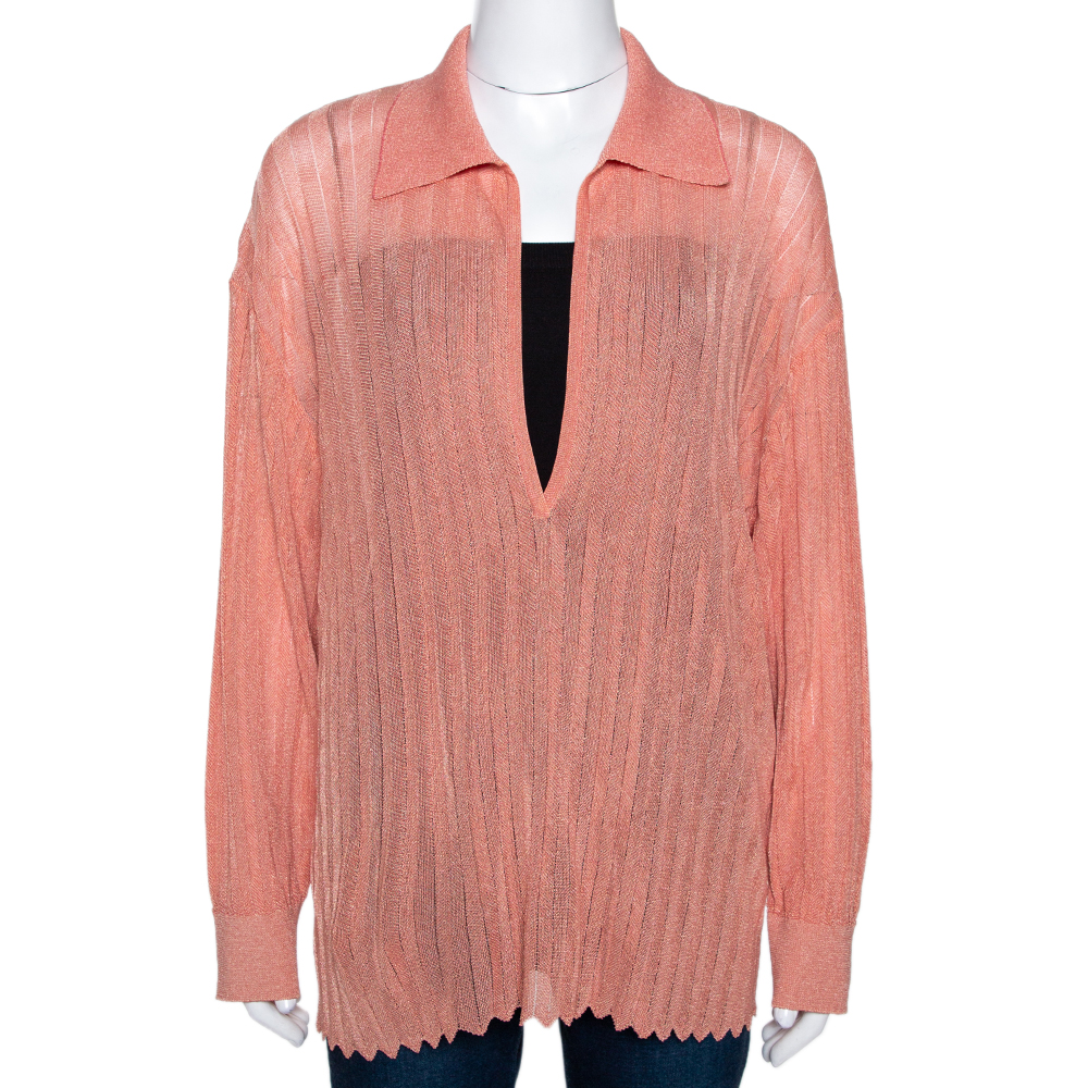Image of Missoni Coral Lurex Knit Plunge V Neck Top M