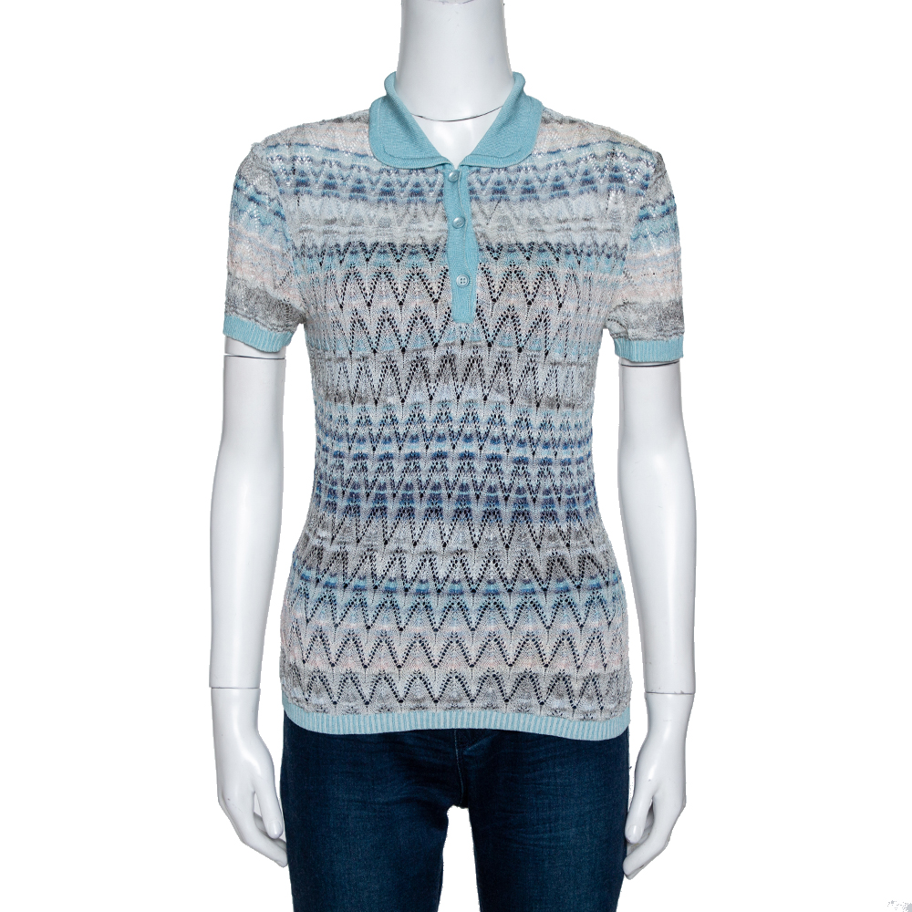 Image of Missoni Light Blue Crochet Knit Short Sleeve Collared Top S