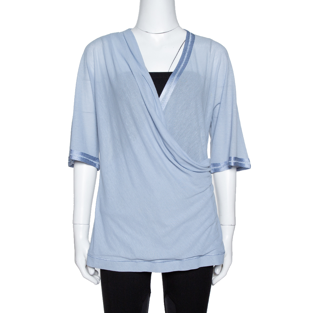 Missoni Blue Knit Crossover Draped Three Quarter Sleeve Top S