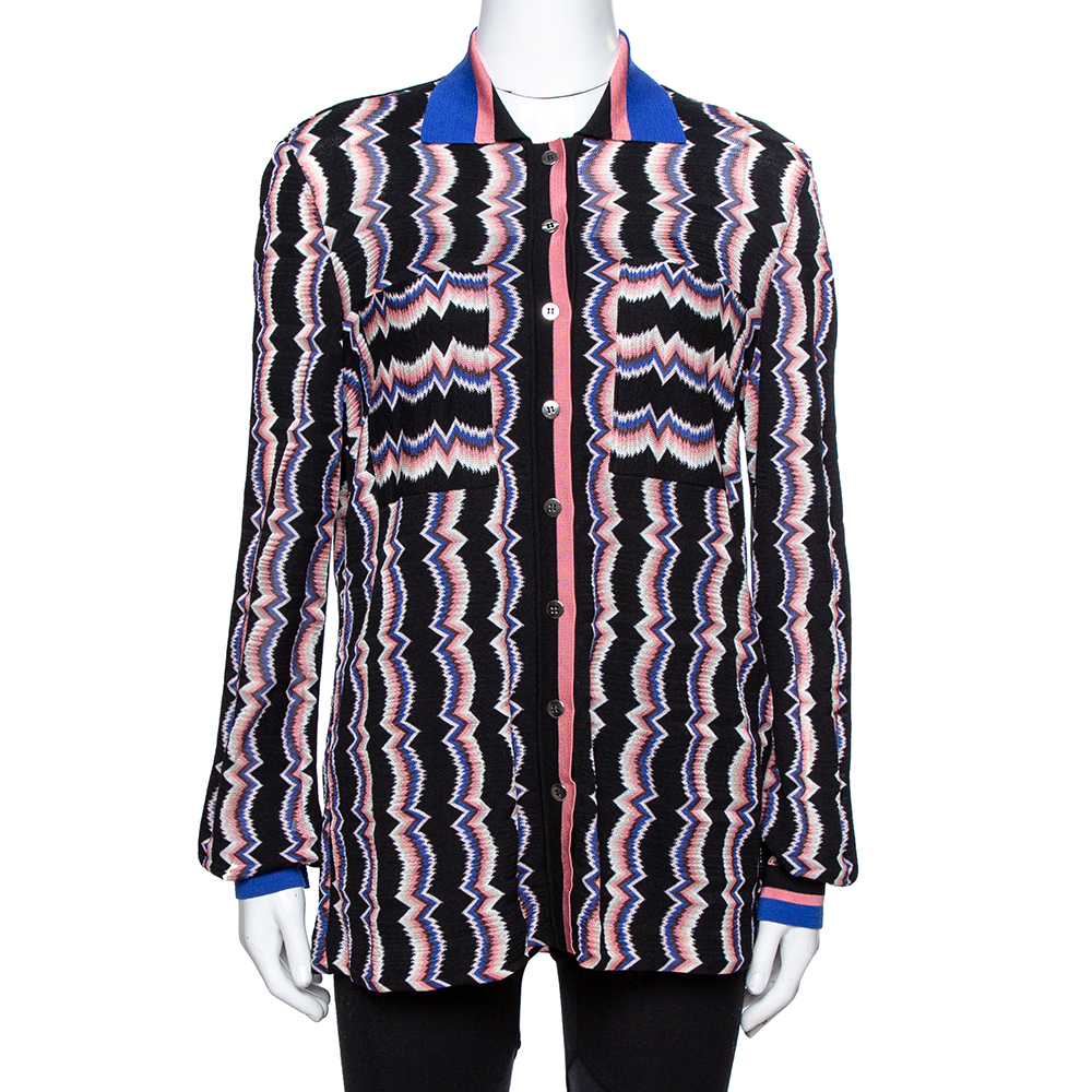Image of Missoni Black Striped Knit Button Front Polo Shirt M