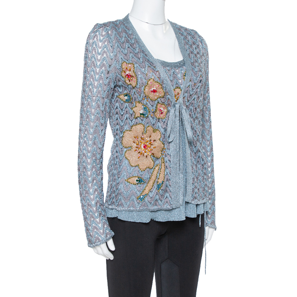 Missoni Grey Lurex Knit Crystal Embellished Top And Cardigan Set L