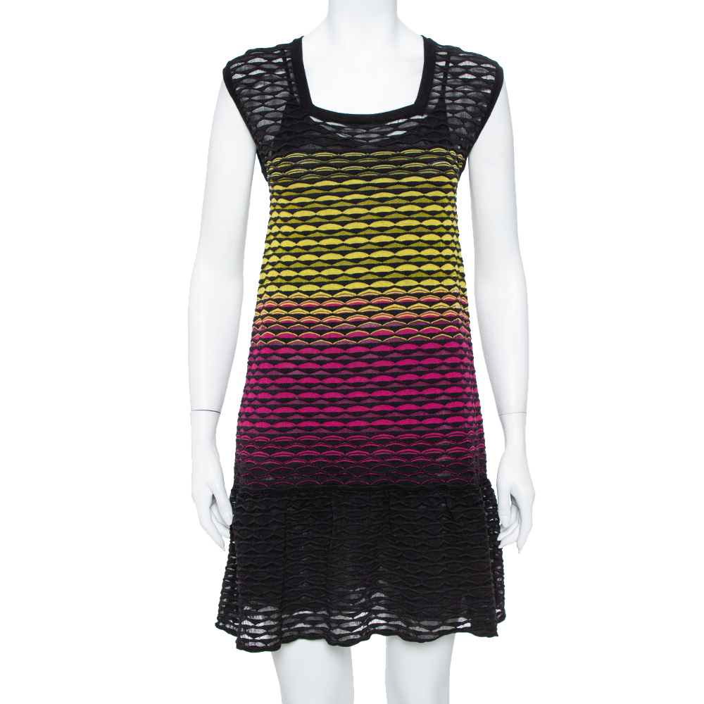 Missoni multicolor perforated knit ruffle detail shift dress s