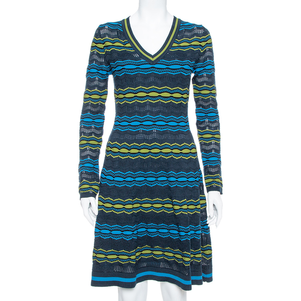 M missoni multicolor perforated knit fit & flare midi dress m