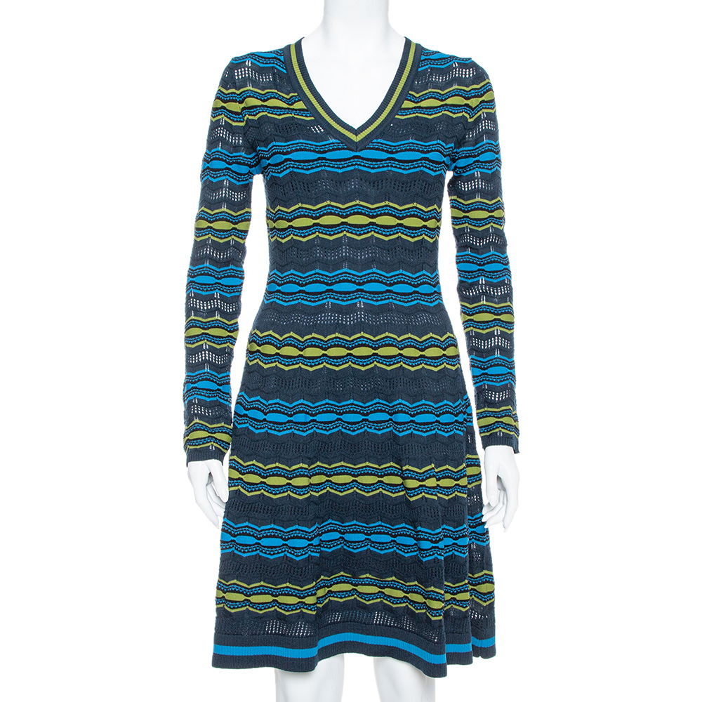 M Missoni Multicolor Perforated Knit Fit & Flare Midi Dress M