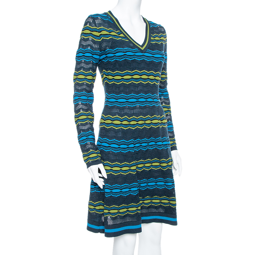 M Missoni Multicolor Perforated Knit Fit & Flare Midi Dress M