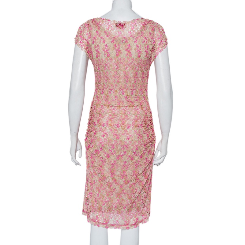 Missoni Pink & Beige Knit Ruched Sleeveless Midi Dress M