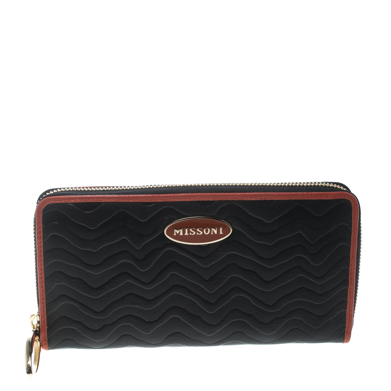 Image of Missoni Black Zigzag Embossed Leather Zip Around Continental Wallet