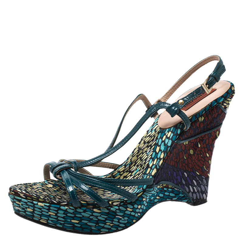Image of Missoni Green Leather Platform Ankle Strap Sandals Size