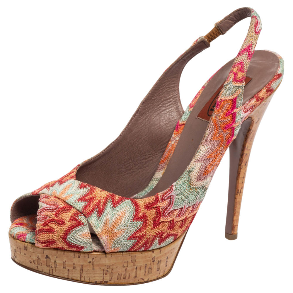 Missoni multicolor weave fabric peep-toe platform slingback sandals size 39