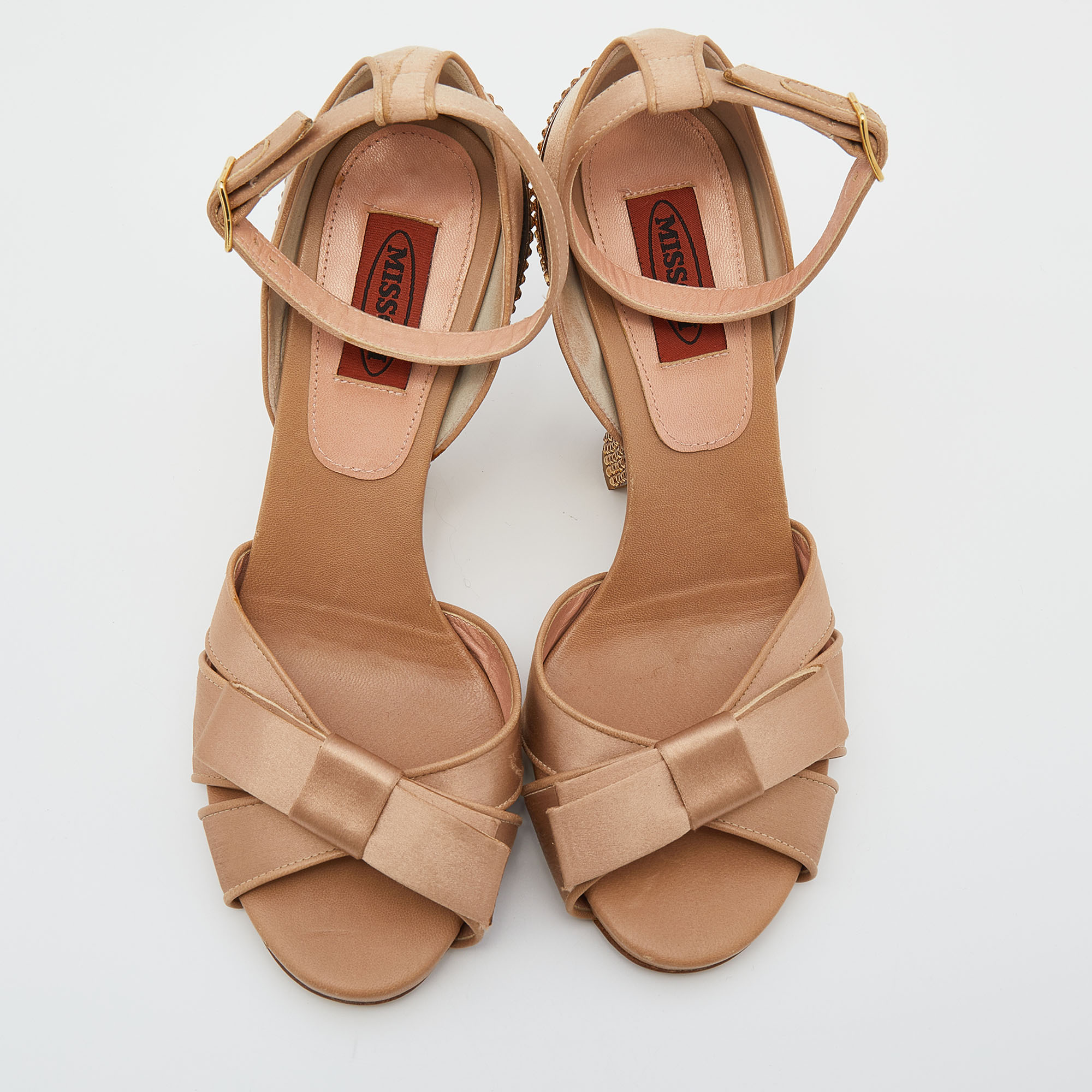 Missoni Beige Satin Crystal Embellished Heel Ankle Strap Sandals Size 38