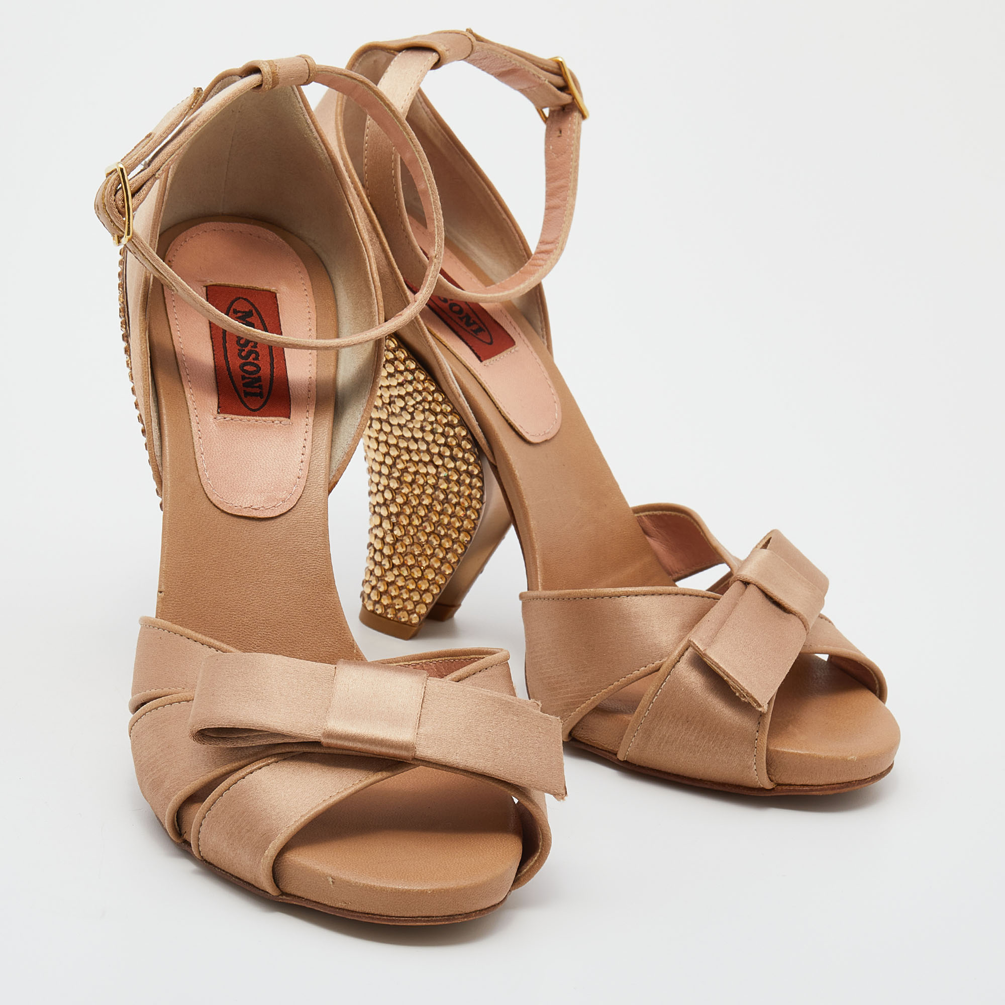 Missoni Beige Satin Crystal Embellished Heel Ankle Strap Sandals Size 38