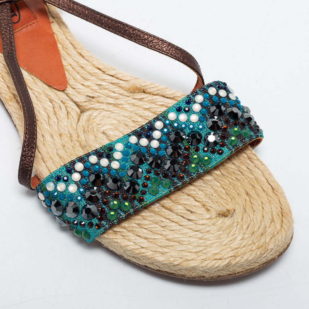 Missoni Blue/Dark Brown Crystal Embellished Fabric And Leather Ankle Strap Flat Sandals Size 35