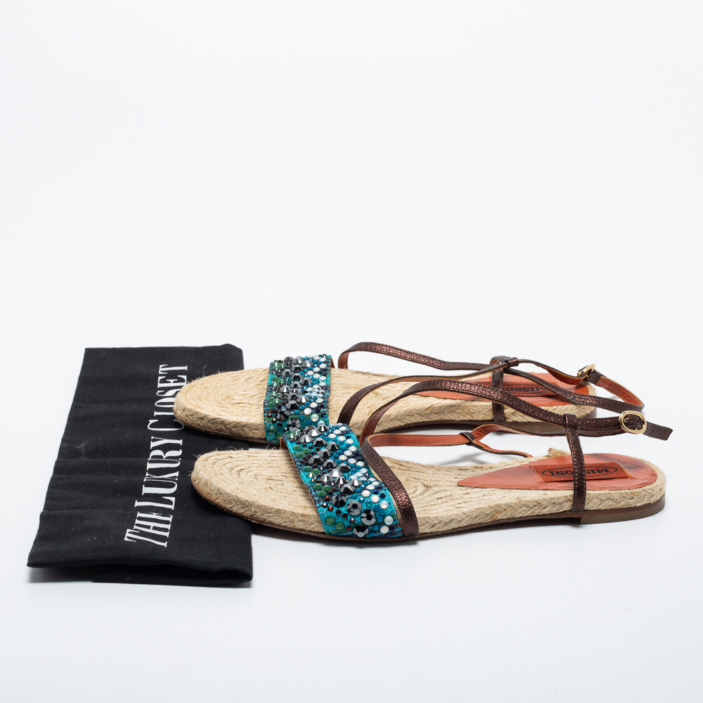 Missoni Blue/Dark Brown Crystal Embellished Fabric And Leather Ankle Strap Flat Sandals Size 35