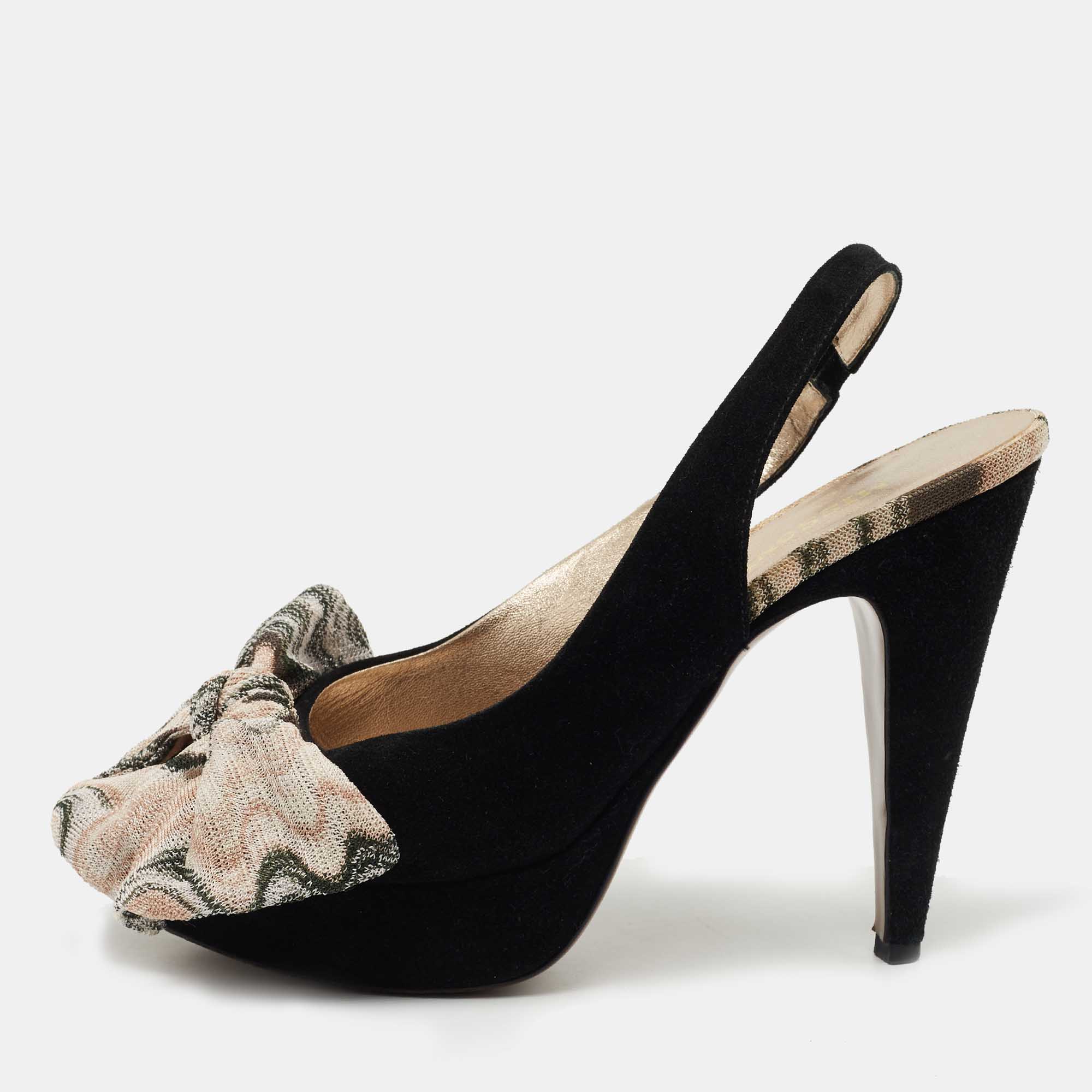 Missoni Black Suede And Fabric Bow Peep Toe Slingback Pumps Size 40