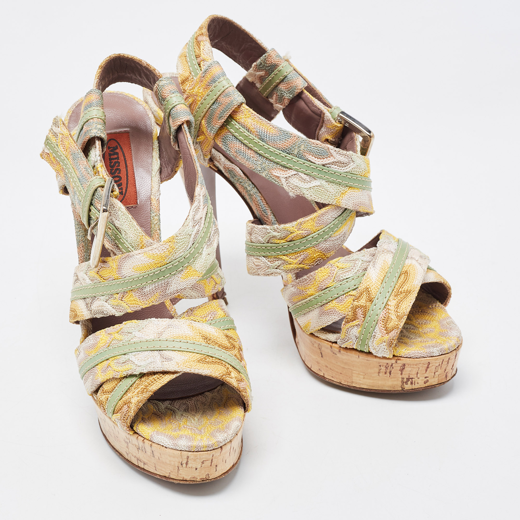 Missoni Multicolor Crochet Fabric And Leather Trim Ankle Strap Platform Sandals Size 37.5