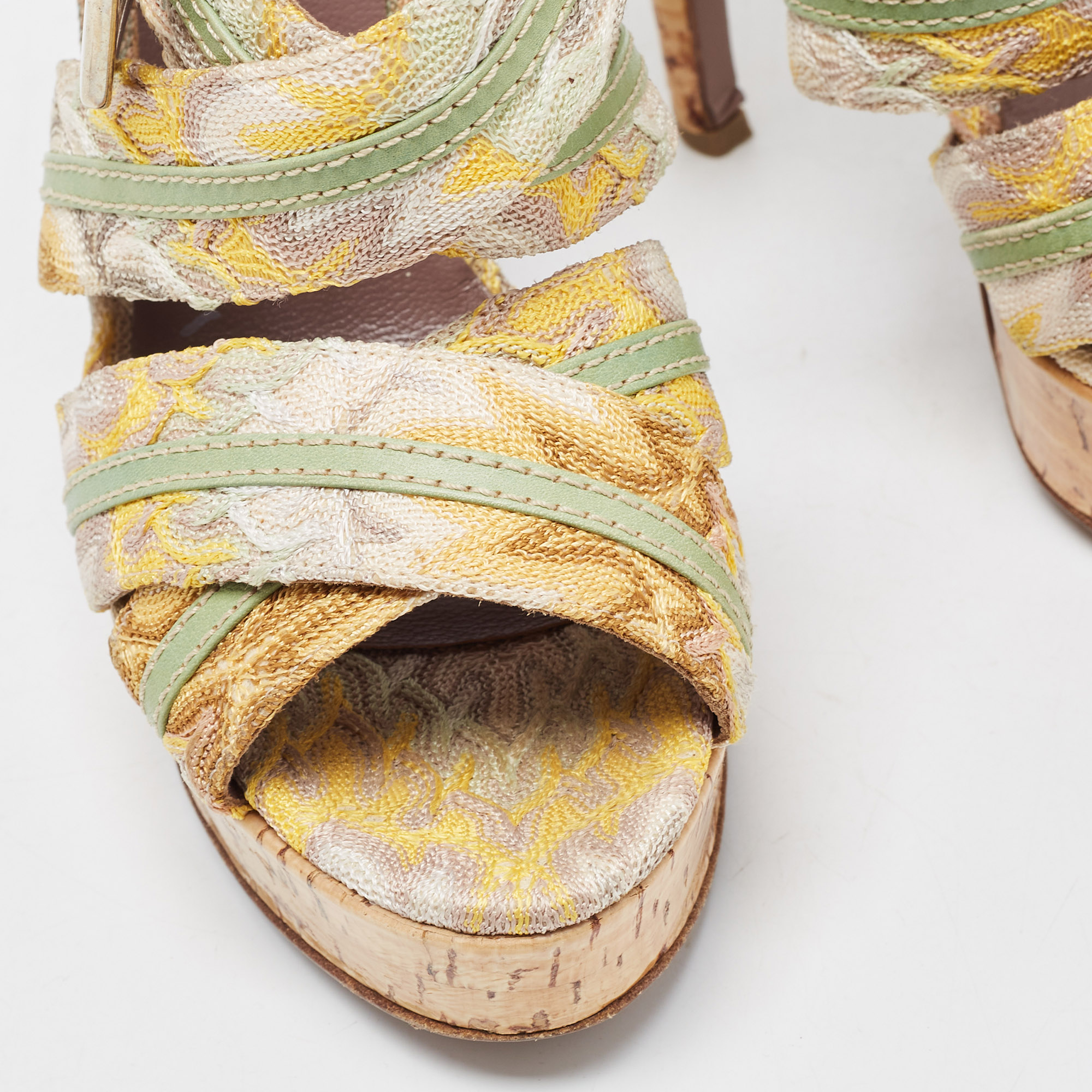 Missoni Multicolor Crochet Fabric And Leather Trim Ankle Strap Platform Sandals Size 37.5