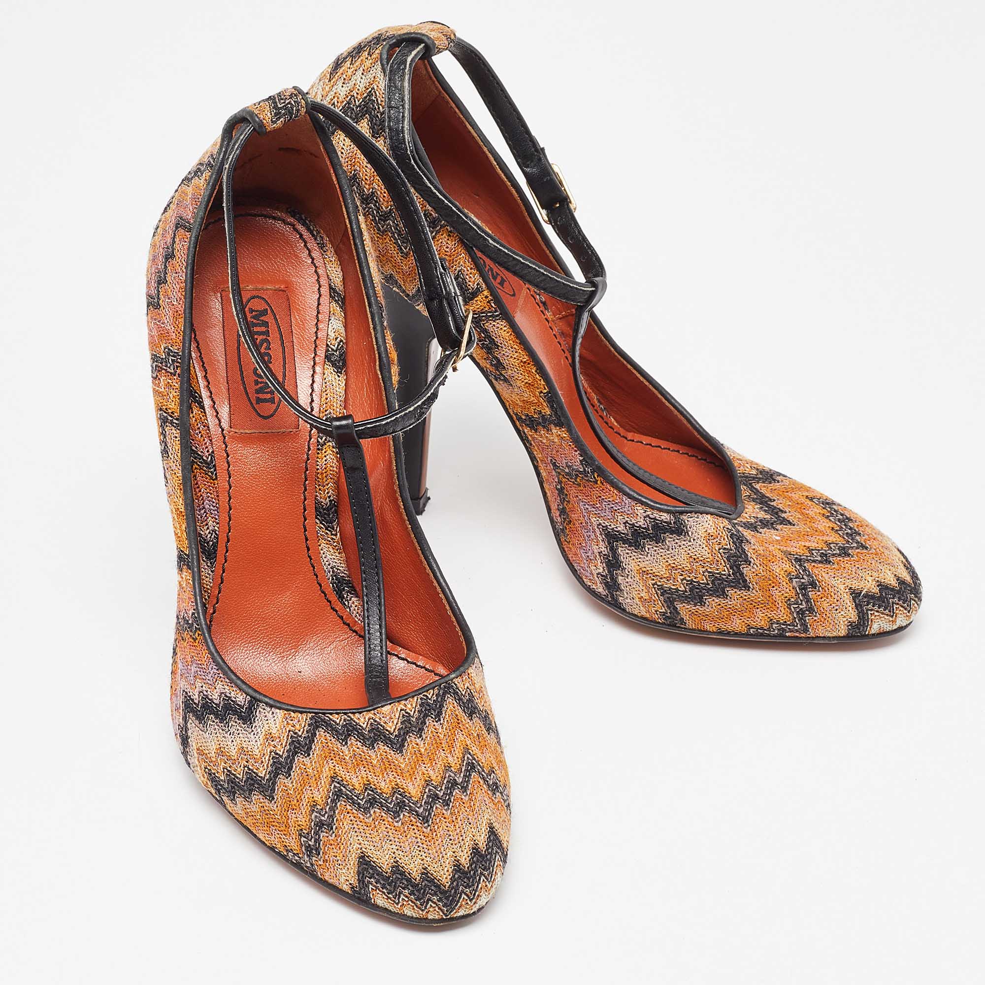 Missoni Black/Orange Fabric And Leather Ankle T-Strap Pumps Size 37