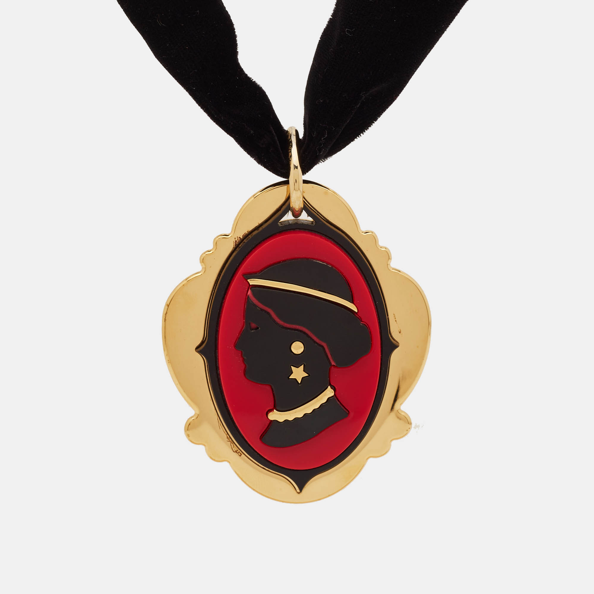 Miu Miu Blac Cameo Composite Velvet Gold Tone Necklace