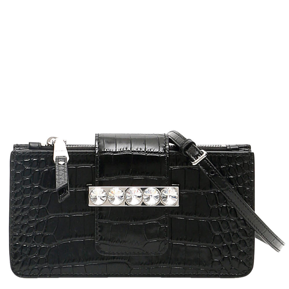 Image of Miu Miu Black Leather Crystal Mini Shoulder Bag