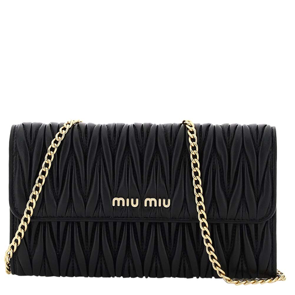 Image of Miu Miu Black Leather Matelasse Wallet On Chain Bag