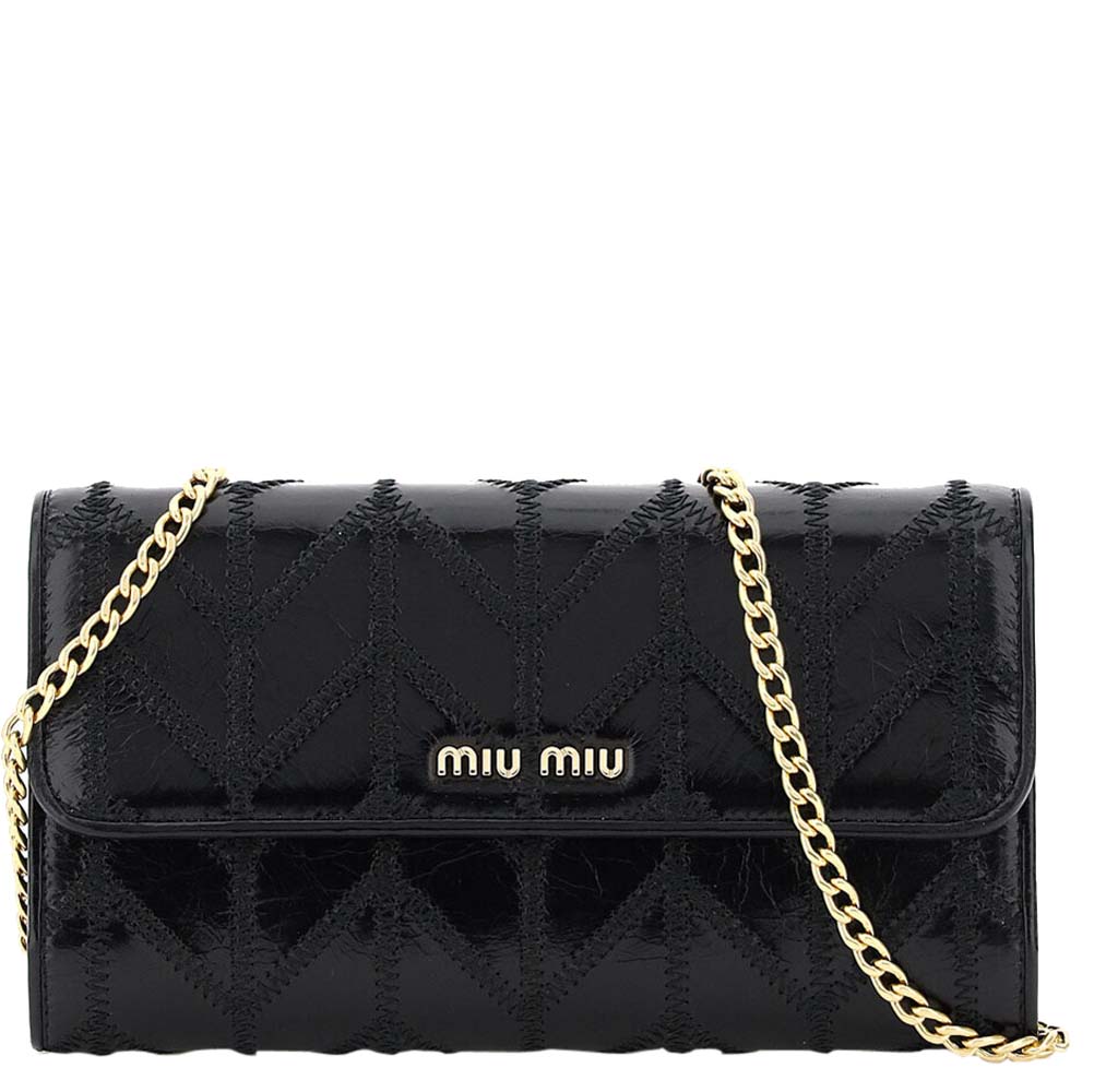 Image of Miu Miu Black Leather Patchwork Chain Wallet