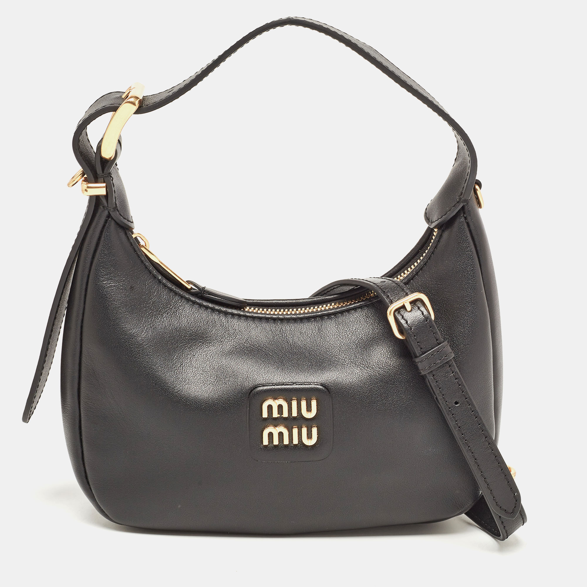Miu Miu Black Logo Plaque Leather Hobo