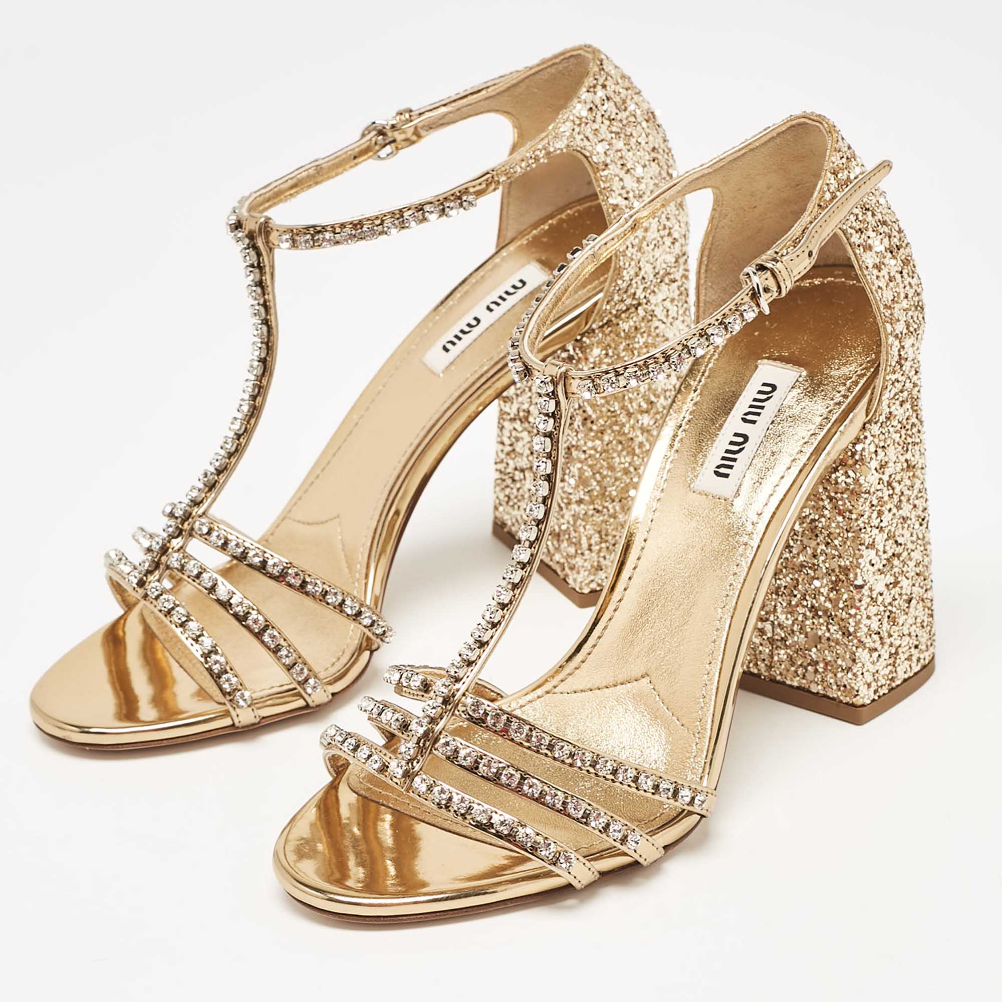 Miu Miu Gold Glitter And Leather Crystal Embellished Ankle Strap Sandals Size 37