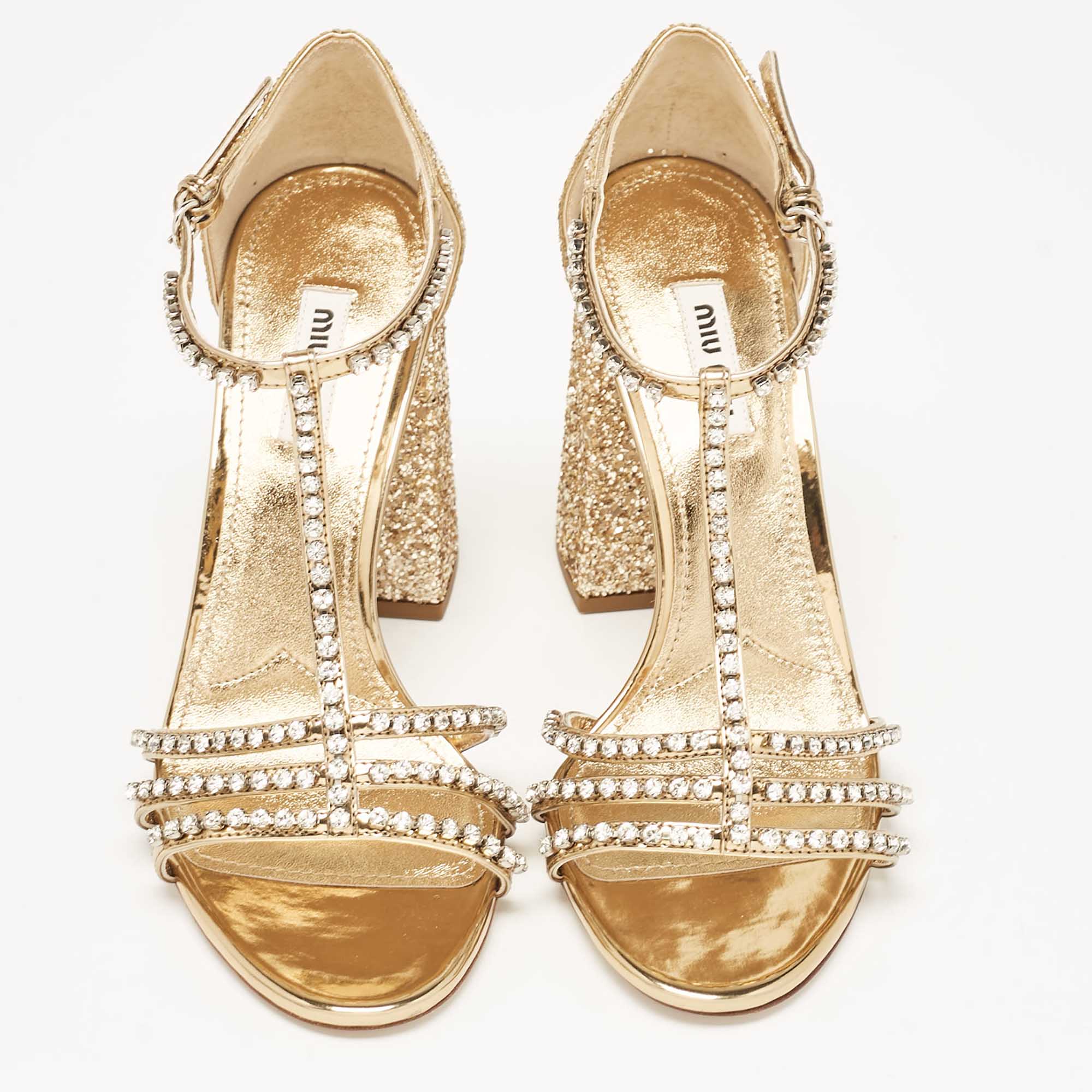 Miu Miu Gold Glitter And Leather Crystal Embellished Ankle Strap Sandals Size 37