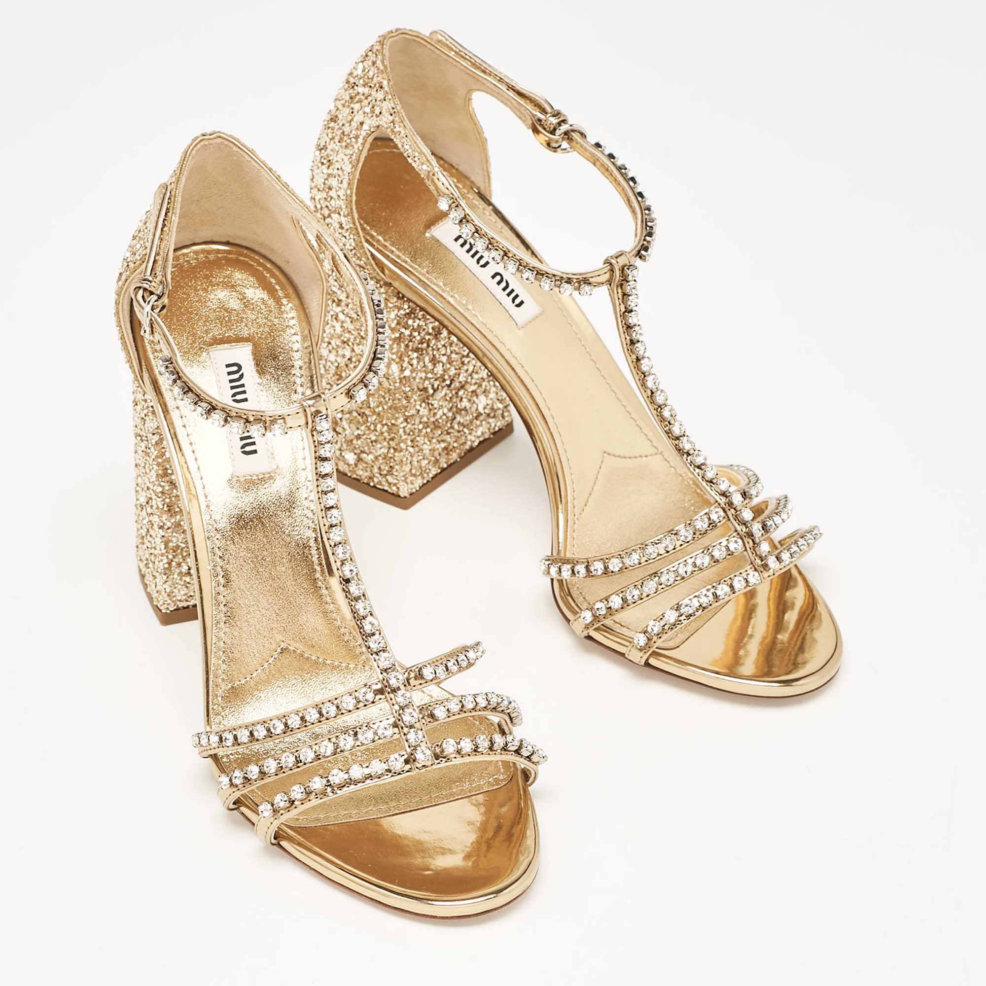 Miu Miu Gold Glitter And Leather Crystal Embellished Ankle Strap Sandals Size 37