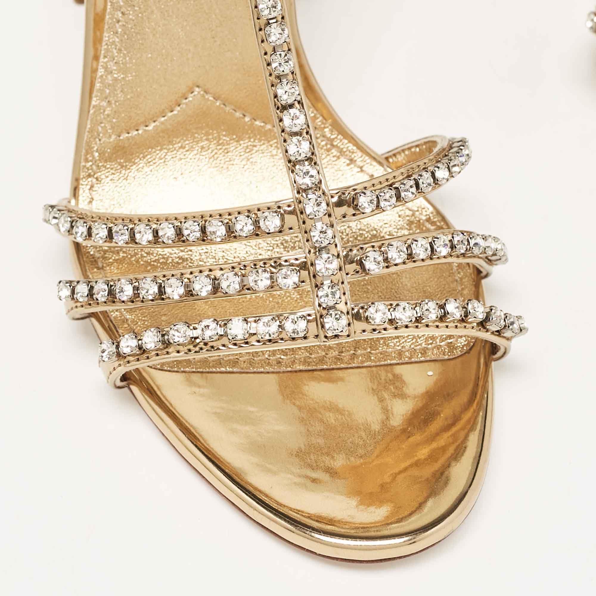 Miu Miu Gold Glitter And Leather Crystal Embellished Ankle Strap Sandals Size 37