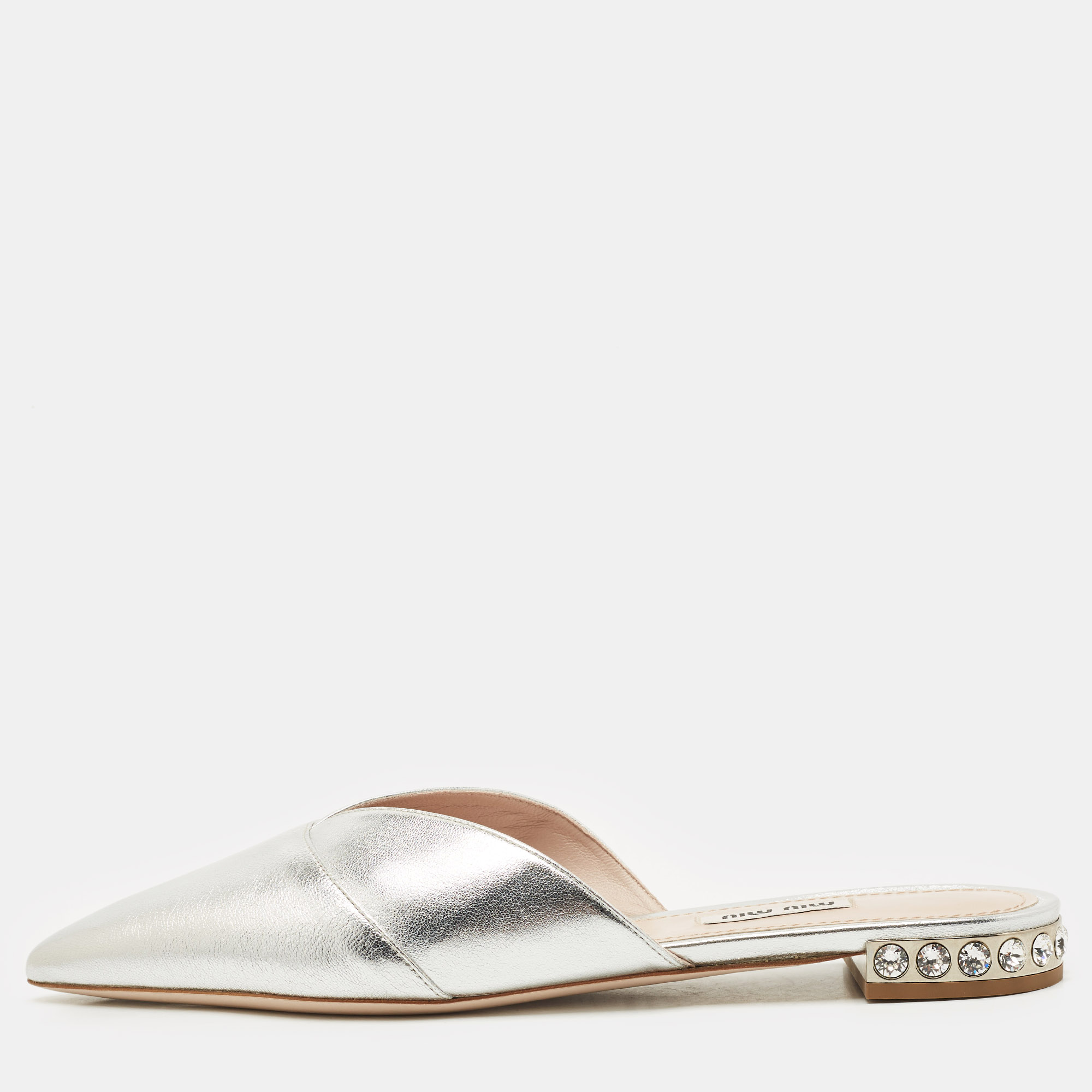 Miu Miu Metallic Silver Leather Crystal Embellished Mules Size 39 - Miu Miu - Modalova