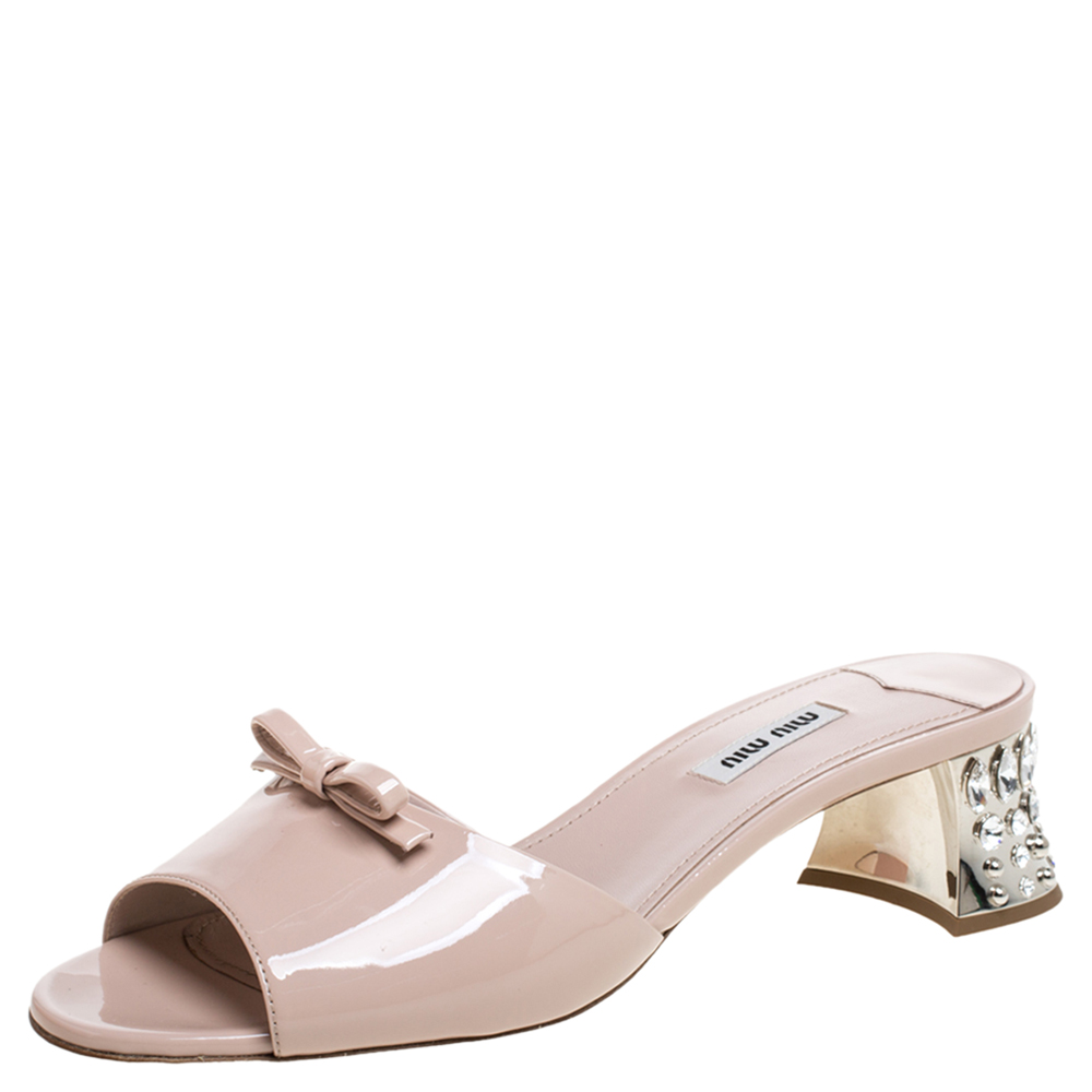 Image of Miu Miu Beige Patent Leather Bow Crystal Embellished Heel Sandals Size .