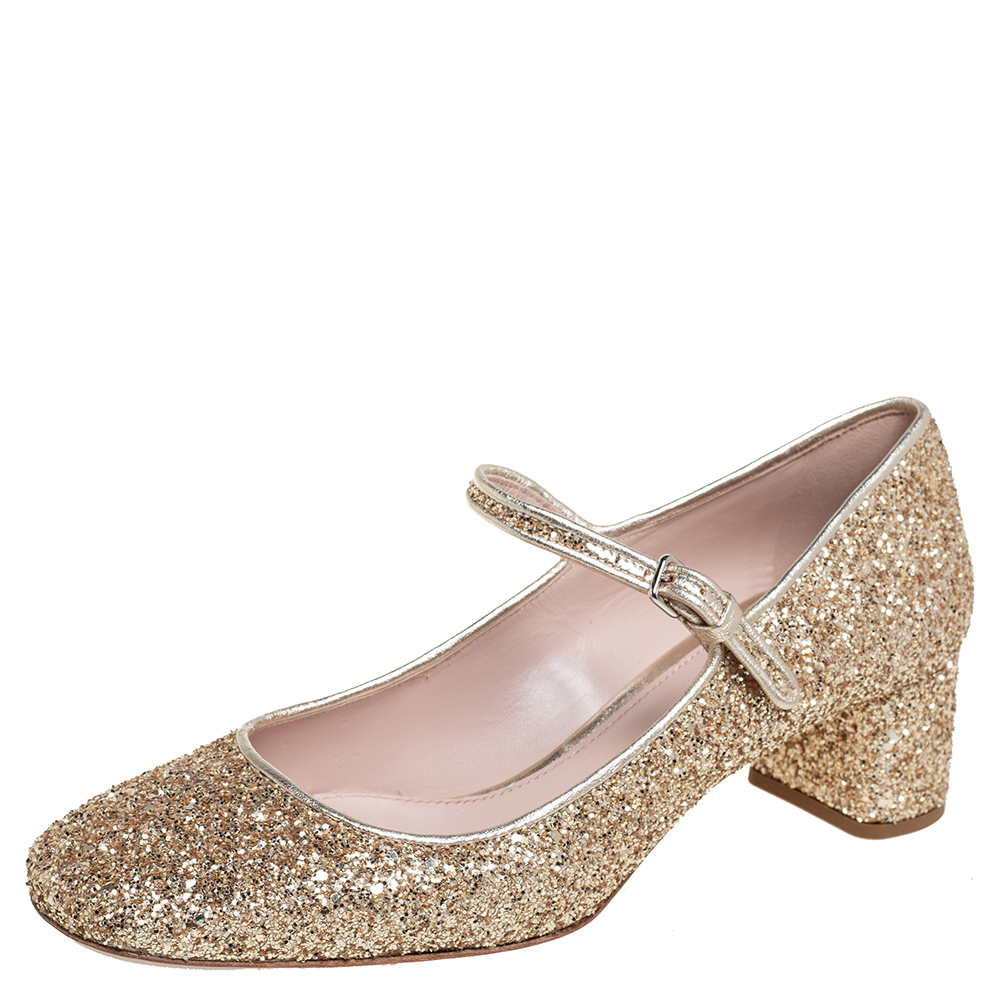 Miu Miu Gold Glitter Mary Jane Block Heel Pumps Size 38