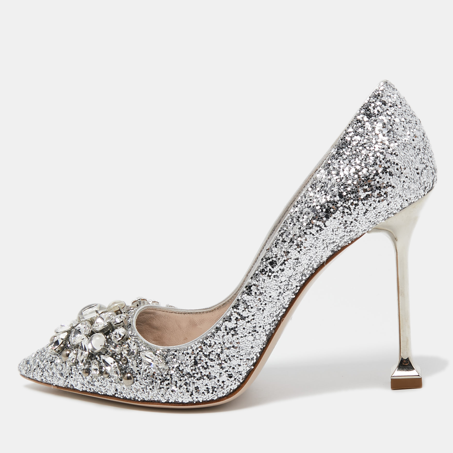Miu Miu Silver Glitter Crystal Embellished Pointed Toe Pumps Size 35.5