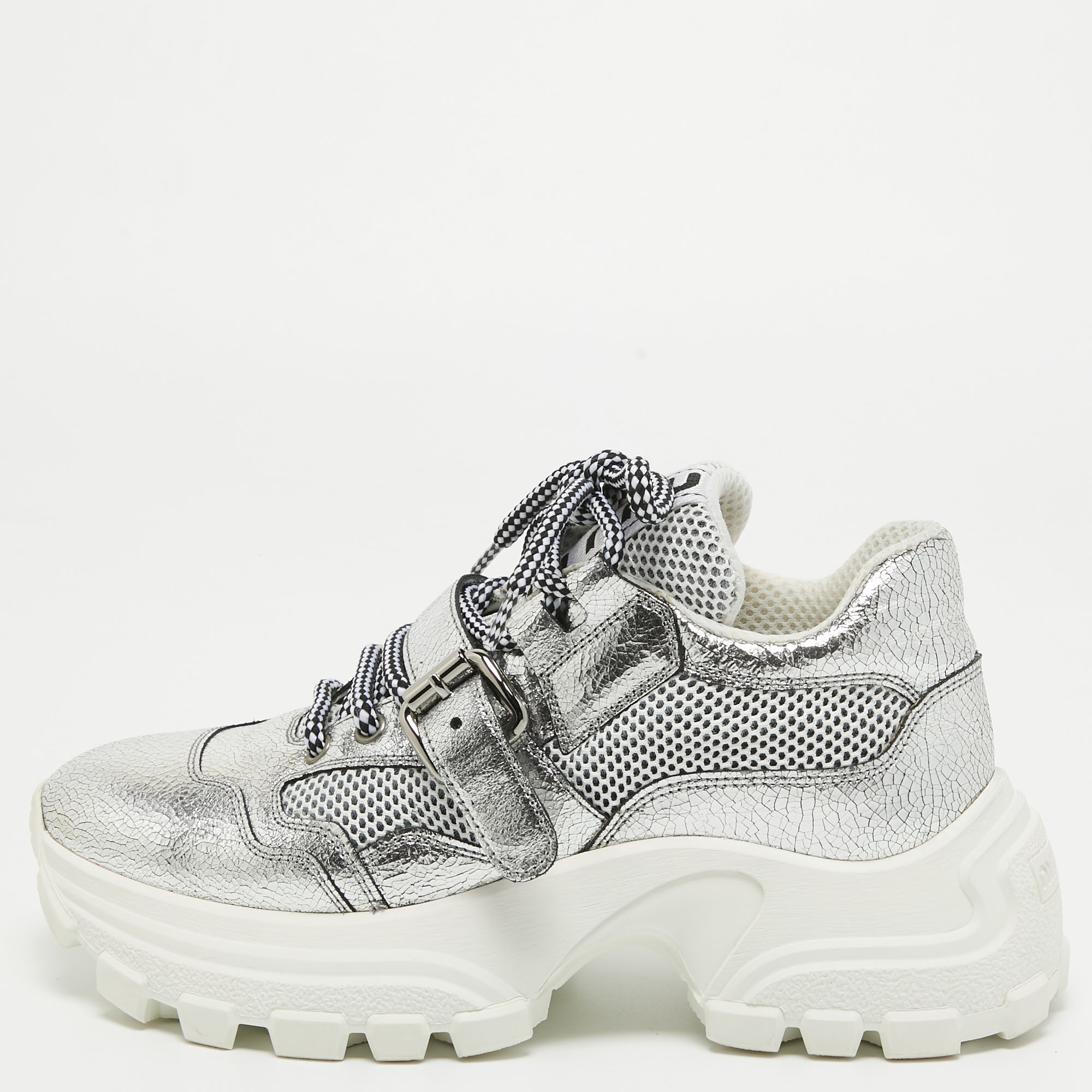 Miu Miu Silver Texture Leather Lace Up Sneakers Size 38