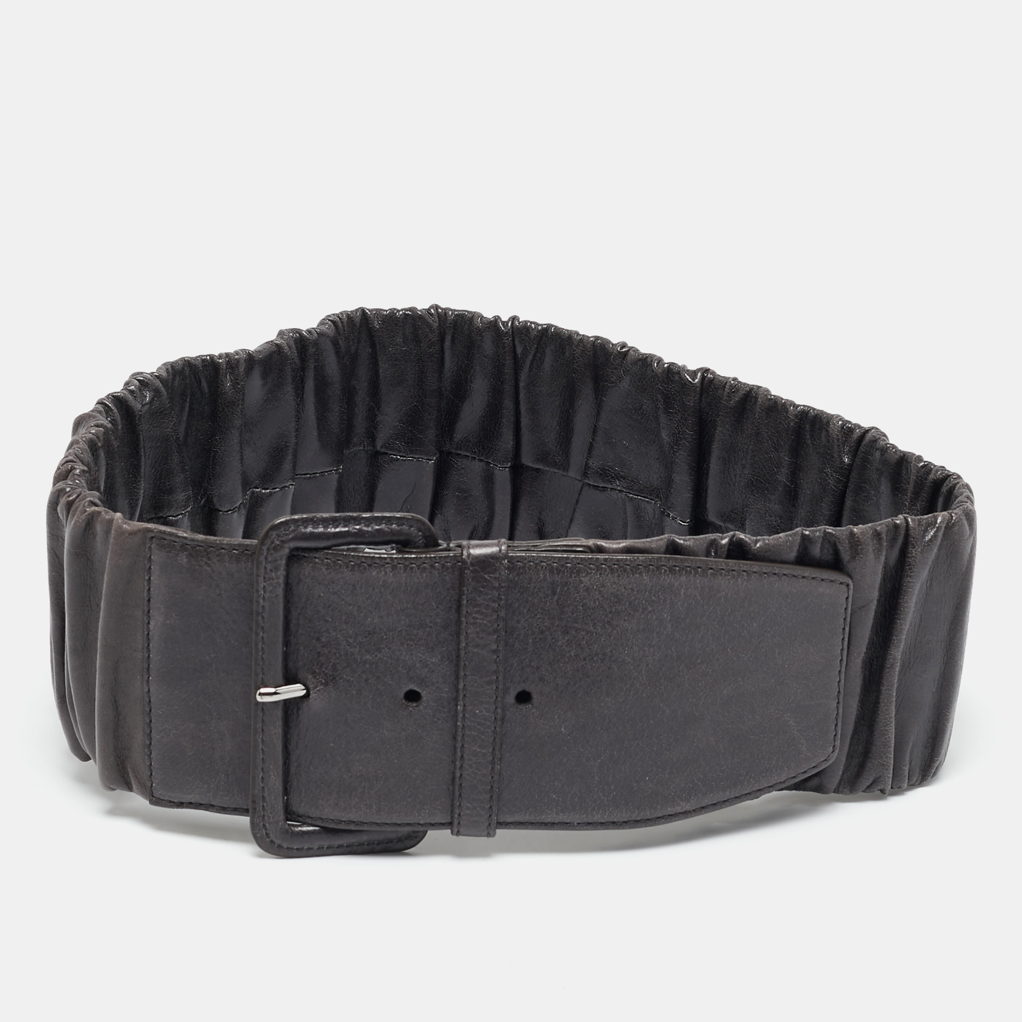 Miu Miu Grey Pleated Leather Waist Belt 75CM