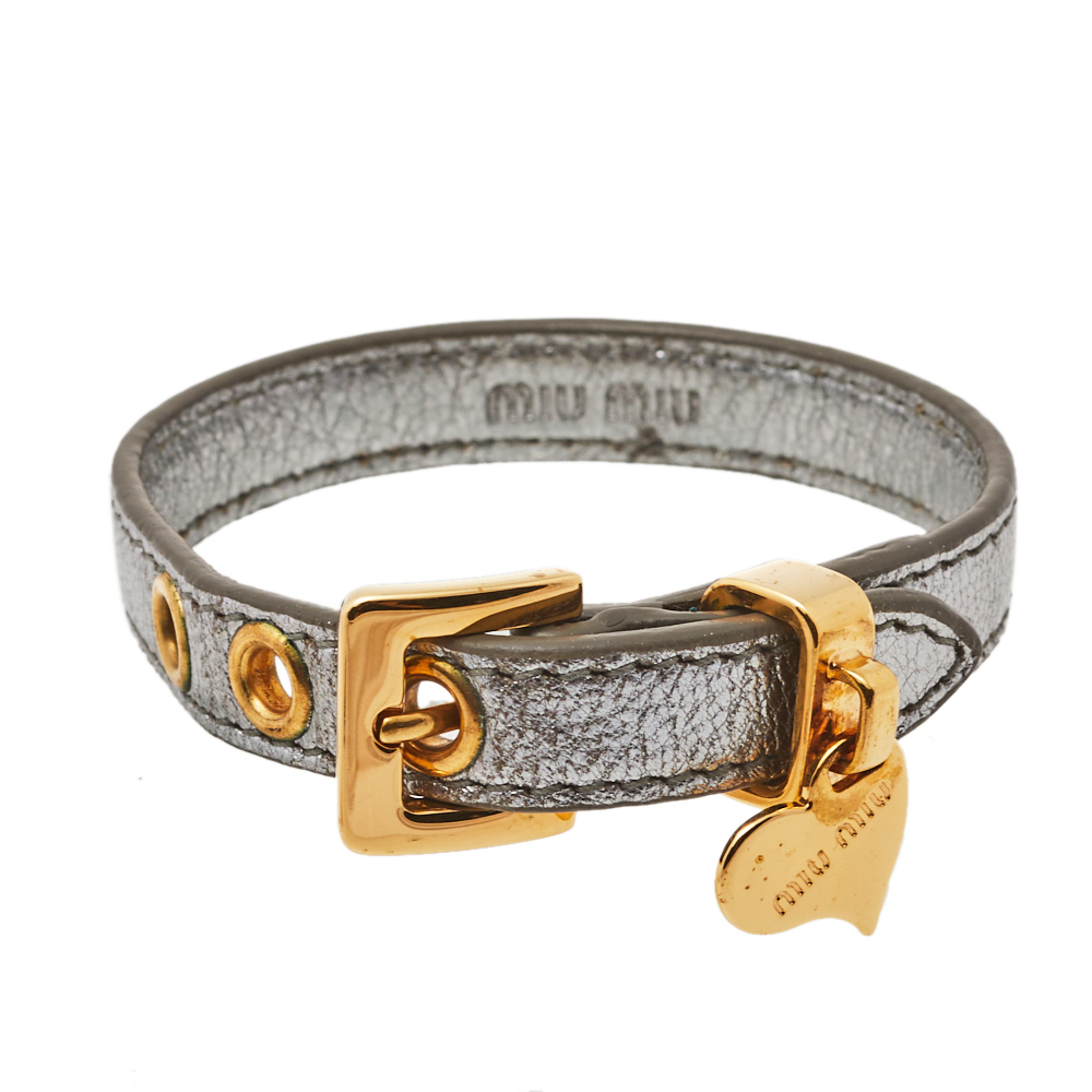 Miu Miu Silver Leather Gold Tone Heart Charm Bracelet