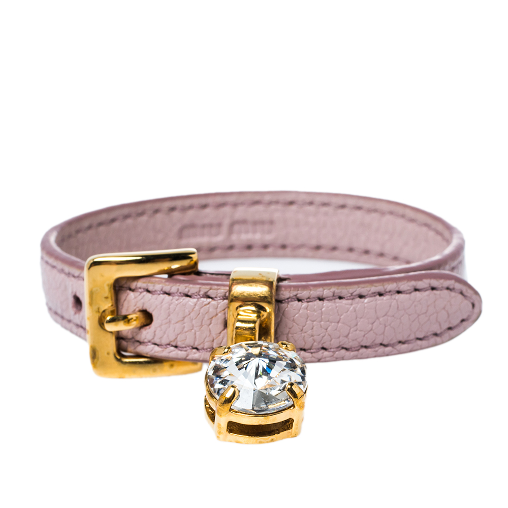 Miu Miu Dusty Pink Madras Leather Crystal Charm Bracelet