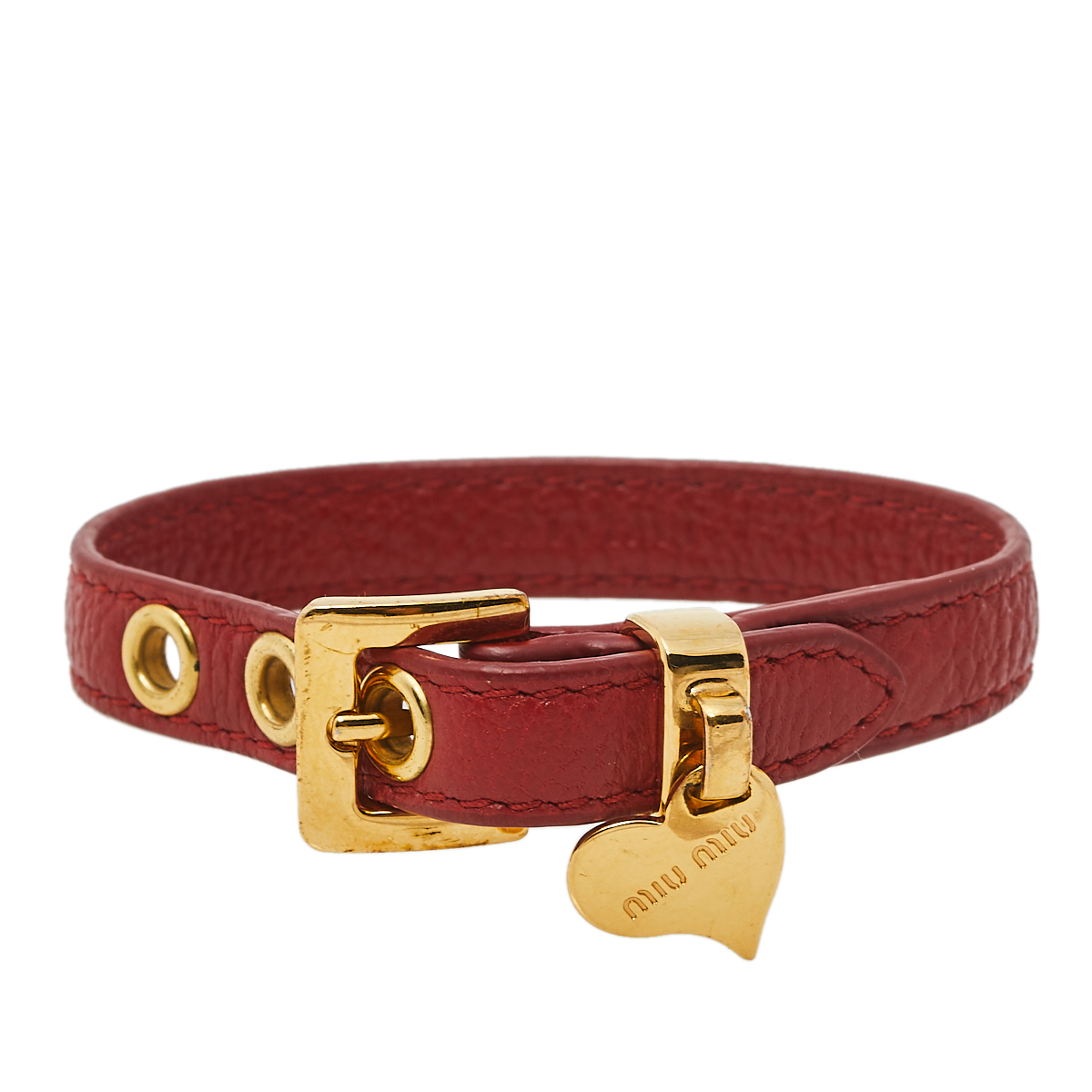 Miu Miu Red Leather Gold Tone Heart Charm Bracelet