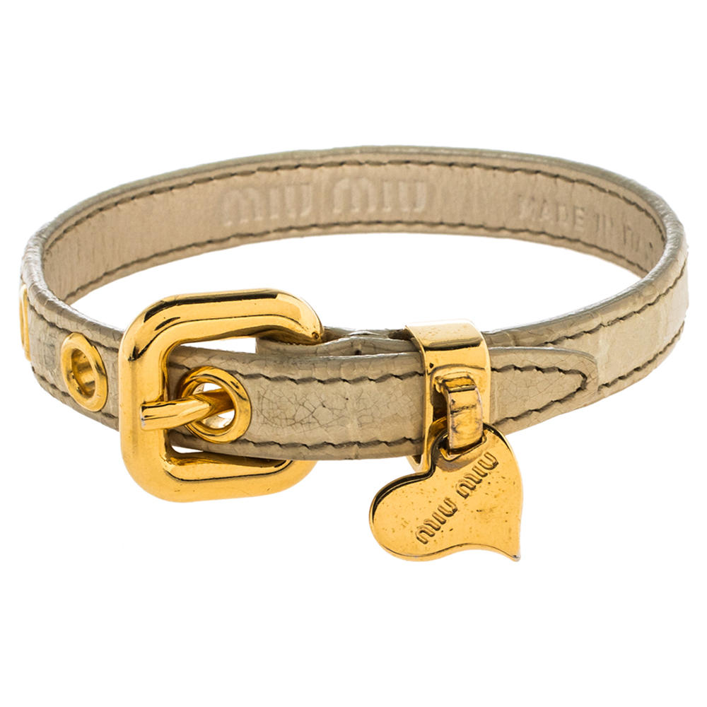 Miu Miu Cream Crocodile Embossed Leather Gold Tone Heart Charm Bracelet