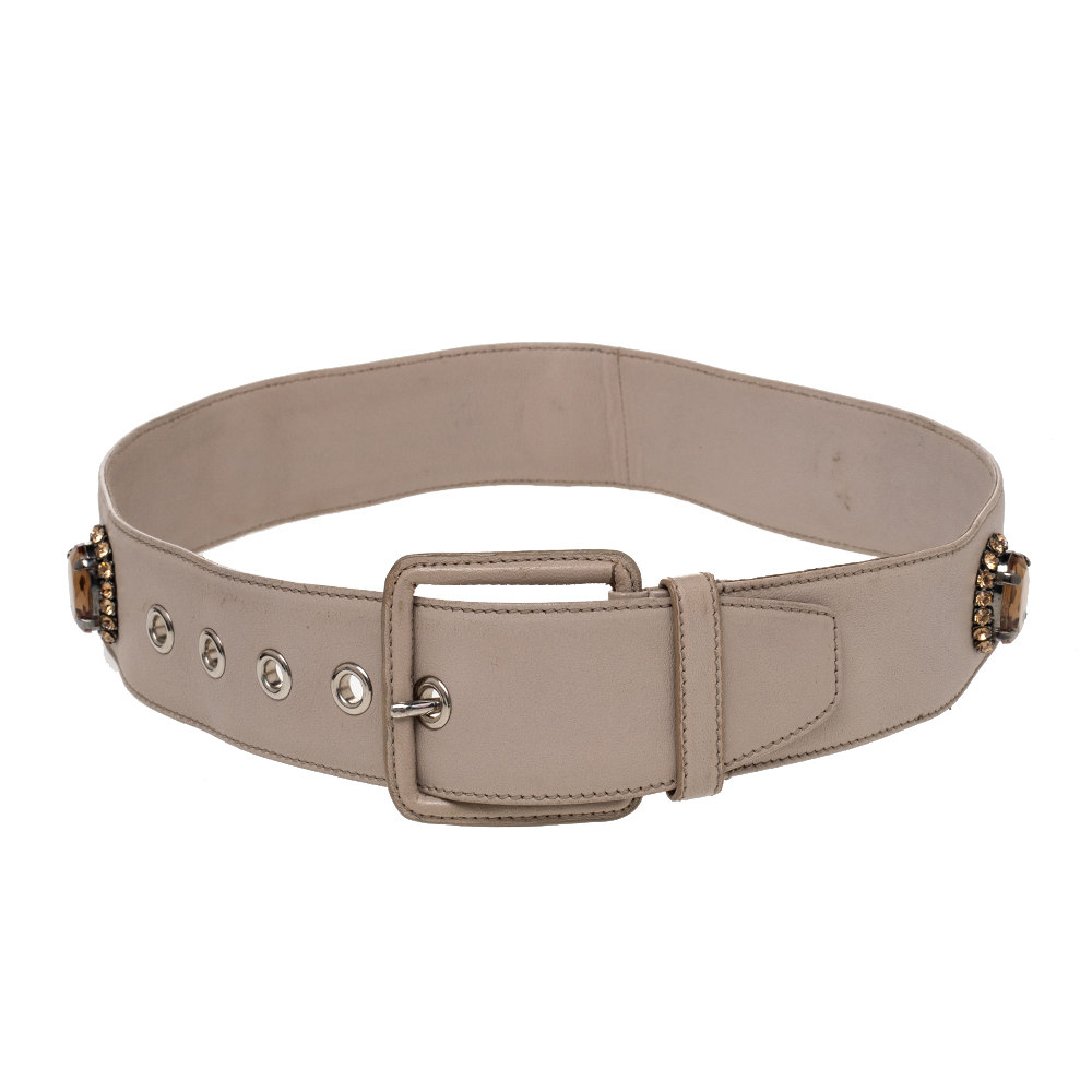 Miu miu beige soft leather embellished buckle belt 70cm