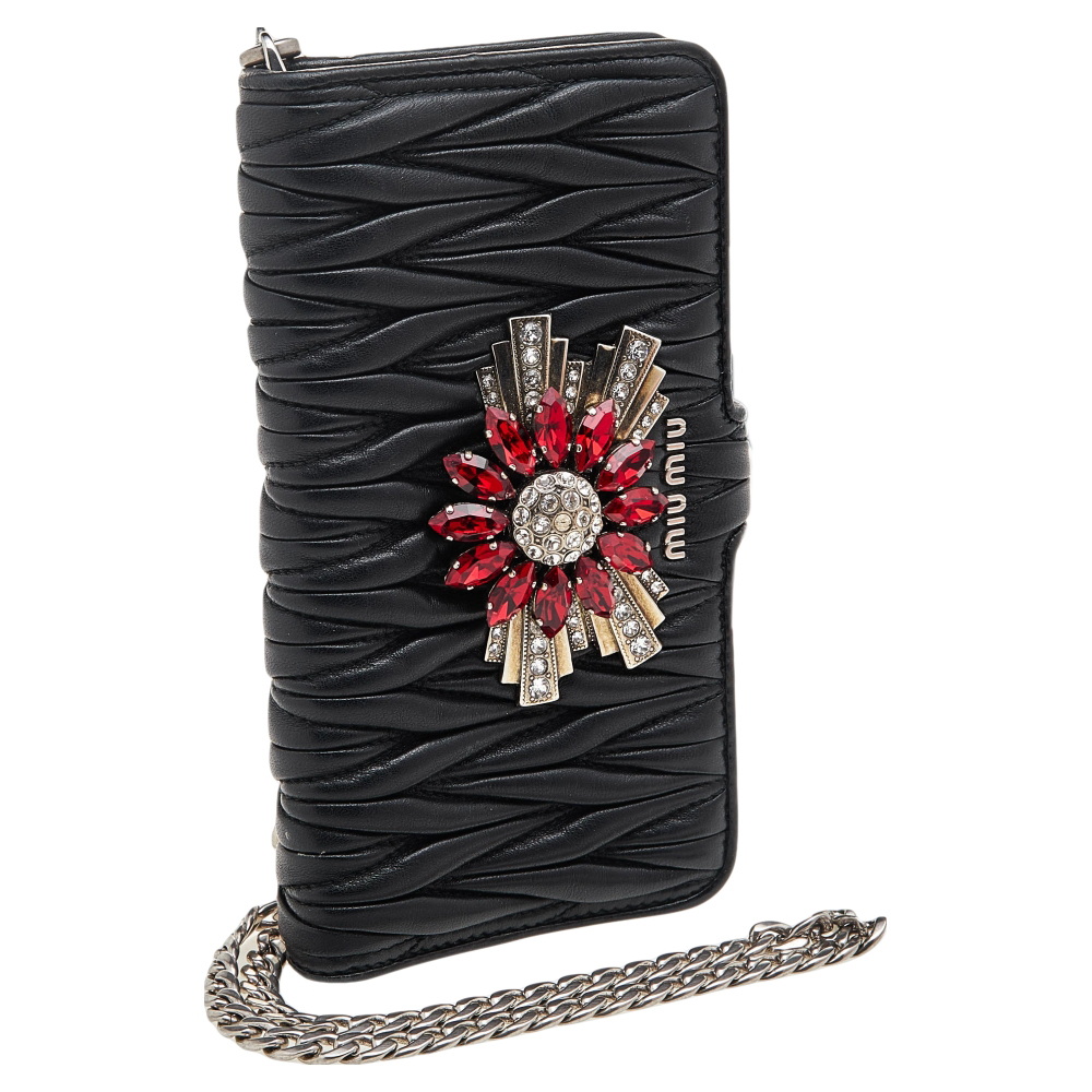 Miu Miu Black Matelasse Leather Flower Embellished IPhone 8 Plus Case