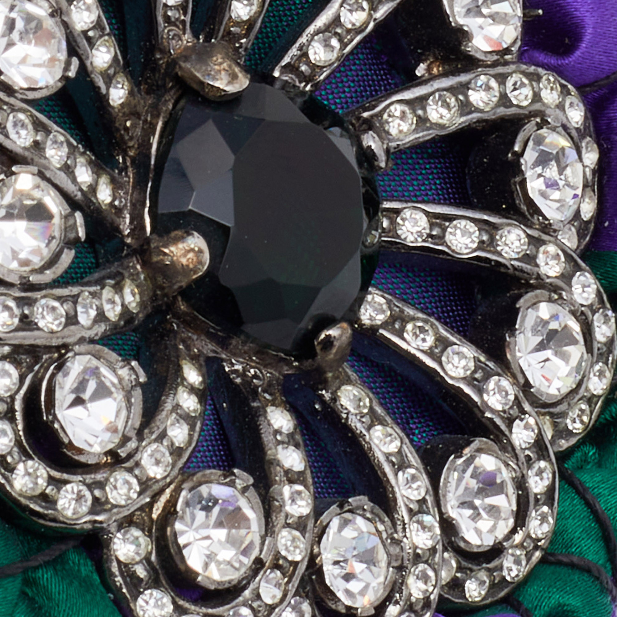 Miu Miu Purple & Green Satin Crystal Embellished Round Brooch