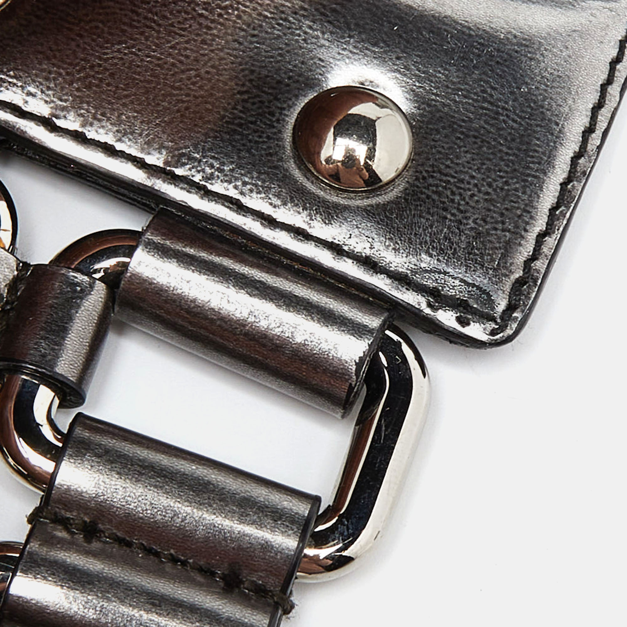 Miu Miu Metallic Silver Leather Ring Wide Waist Belt 75CM