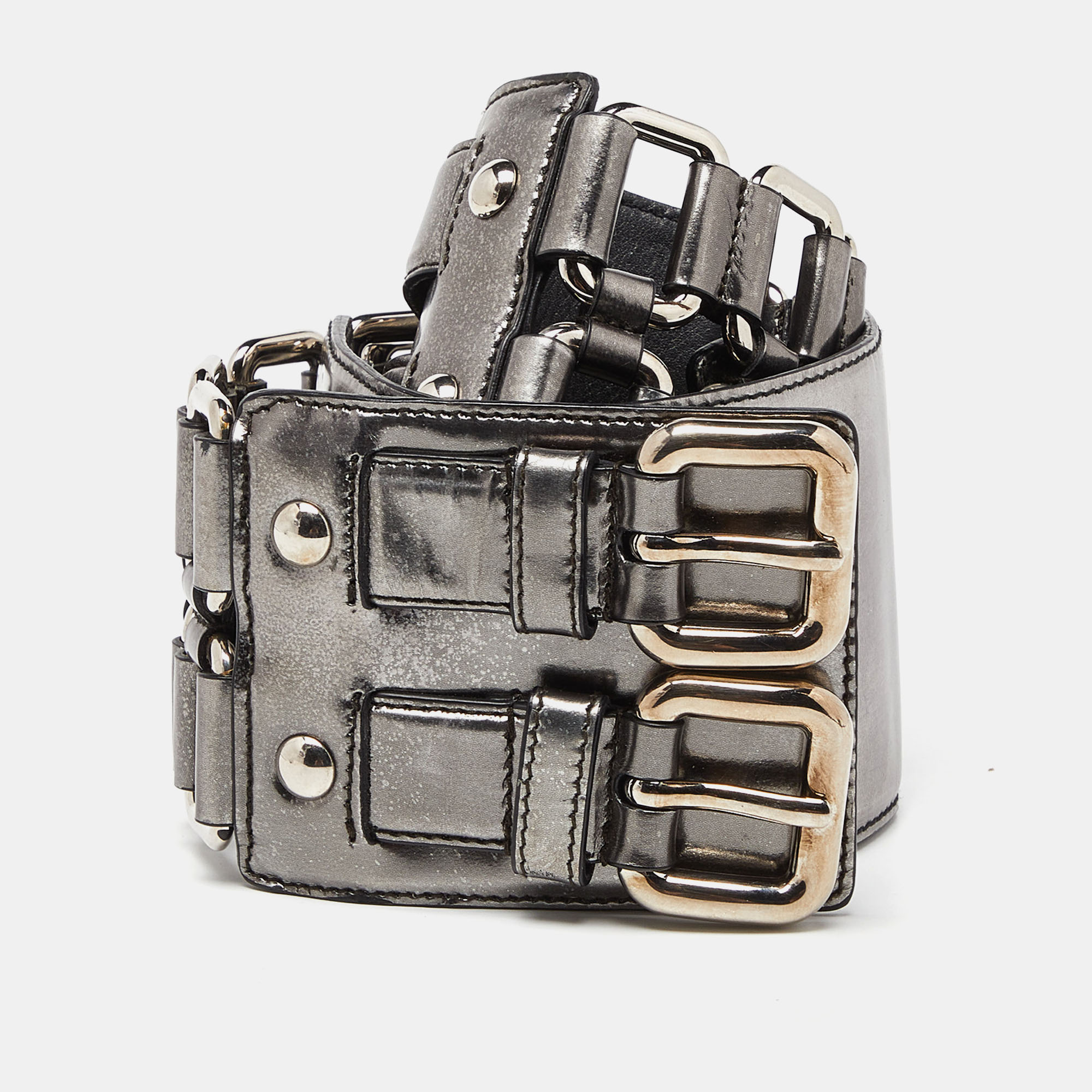 Miu Miu Metallic Silver Leather Ring Wide Waist Belt 75CM