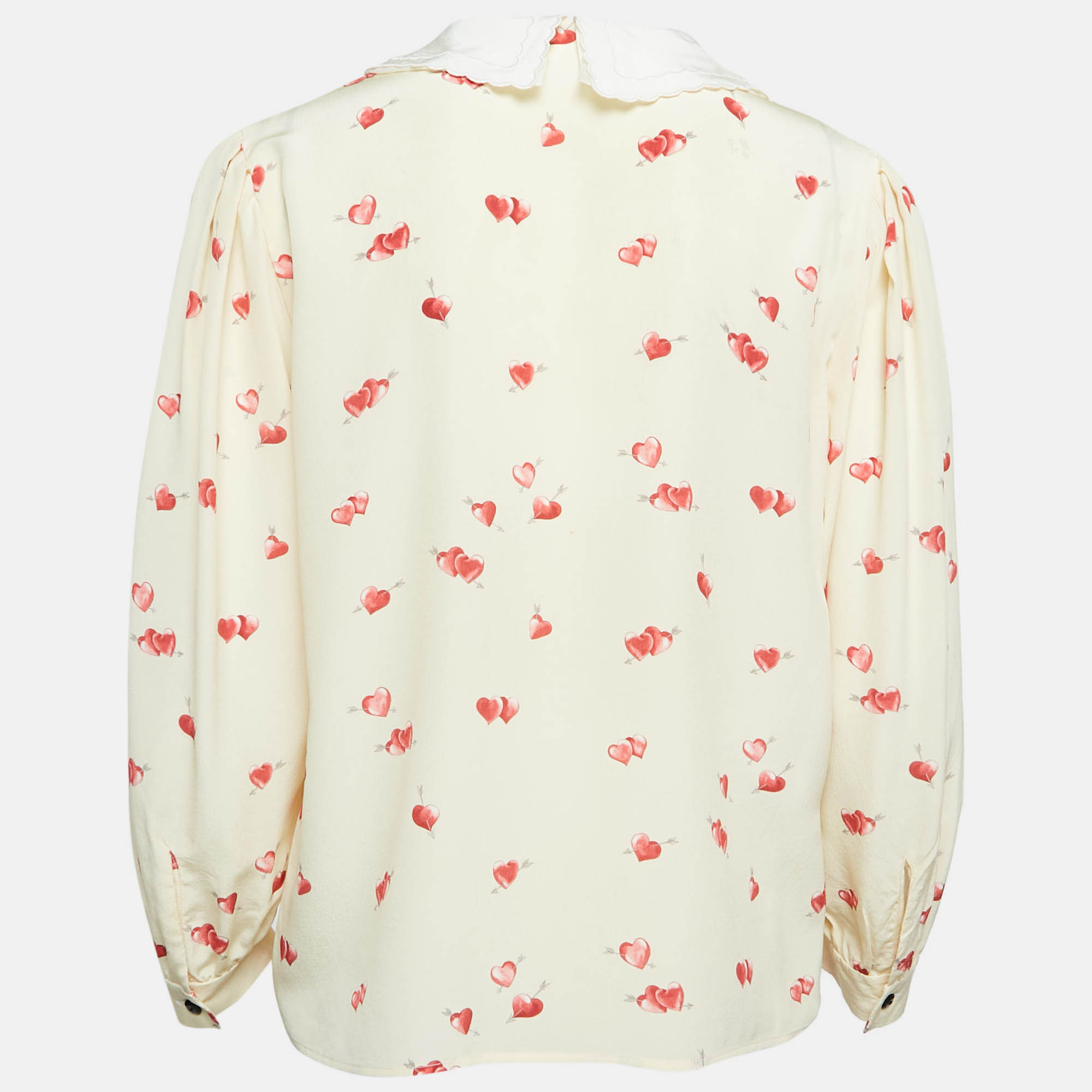 Miu Miu Yellow Heart Print Silk Scallop Trim Collar Shirt S