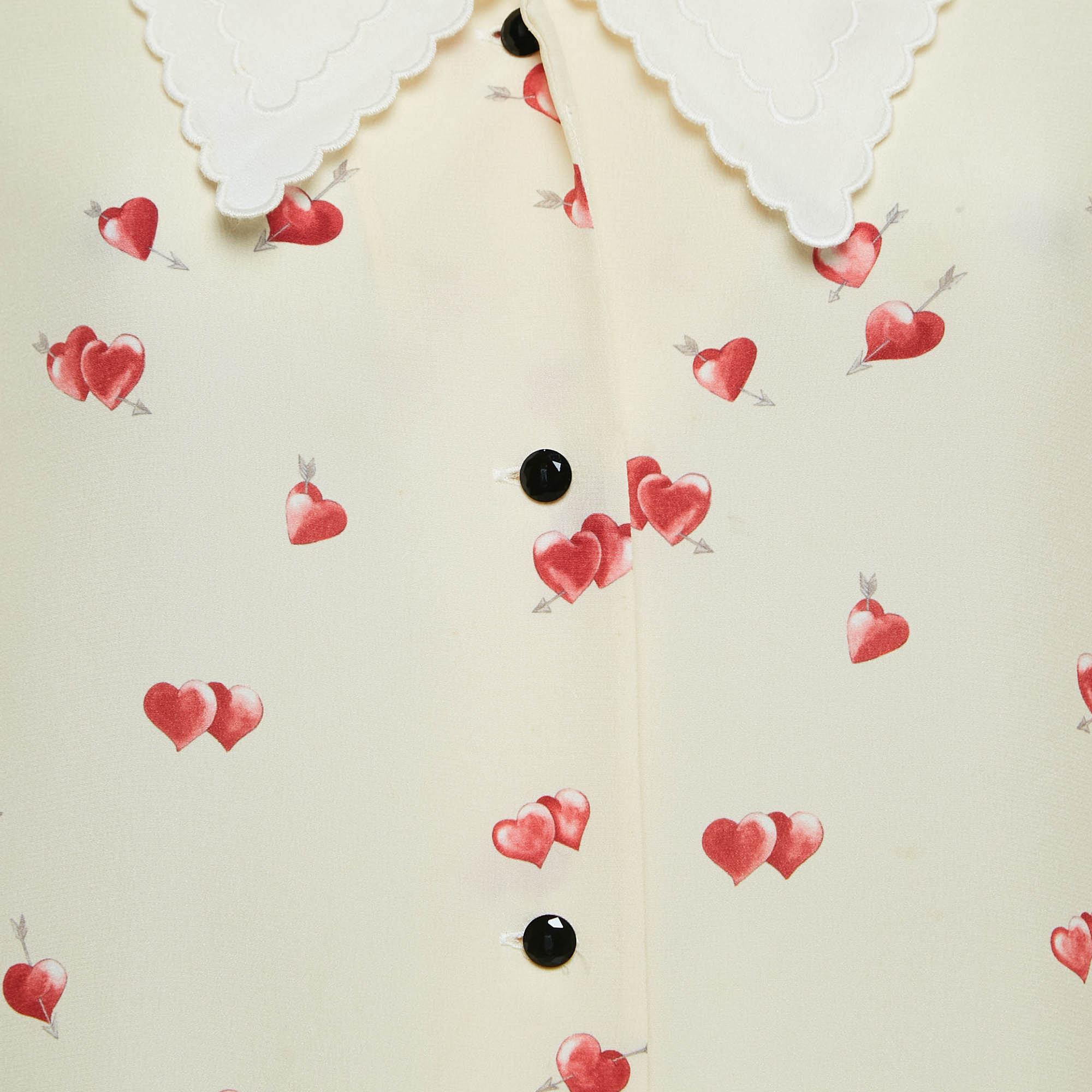 Miu Miu Yellow Heart Print Silk Scallop Trim Collar Shirt S