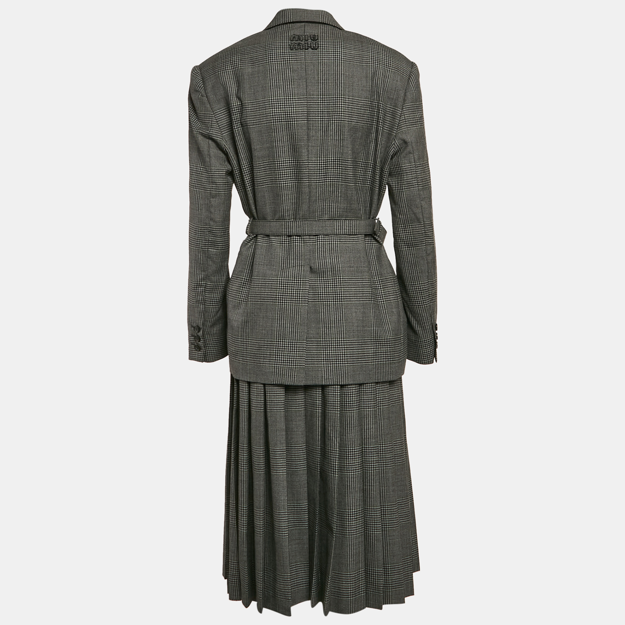 Miu Miu Antracite Grey Prince Of Wales Check Wool Belted Blazer And Skirt Set XS/M