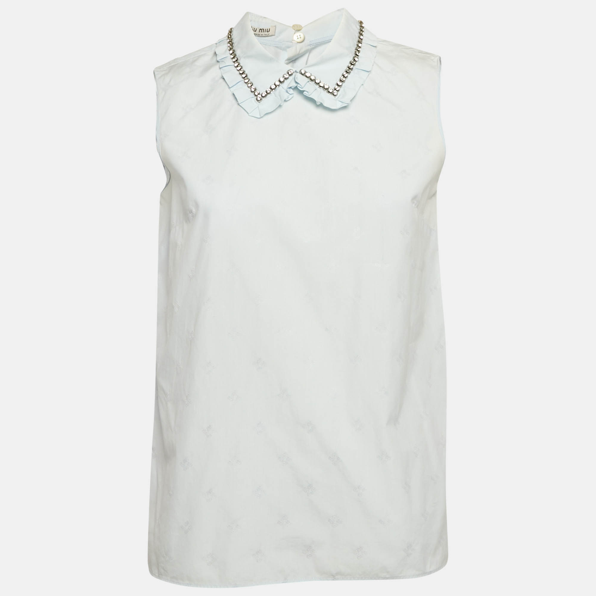 Miu Miu Blue Embroidered Cotton Ruffled Collar Sleeveless Shirt S
Miu Miu Blue Embroidered Cotton Ruffled Collar Sleeveless Shirt S